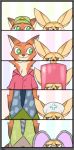  327b_(artist) anthro bodily_fluids bottomwear brown_eyes canid canine clothed clothing comic costume cub dipstick_ears disney duo fennec finnick fox fully_clothed fur green_eyes hat headgear headwear looking_at_another mammal multicolored_ears necktie nick_wilde pants pattern_background red_fox shirt simple_background smile striped_background tan_body tan_fur tears topwear young zootopia 