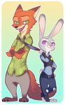  327b_(artist) anthro barefoot black_nose bottomwear canid canine clothed clothing crossed_arms dipstick_ears disney duo fox fully_clothed fur gloves_(marking) gradient_background green_eyes grey_body grey_fur judy_hopps lagomorph leporid looking_at_another mammal markings multicolored_ears neck_tuft necktie nick_wilde open_mouth open_smile pants police_uniform purple_eyes rabbit red_fox shirt simple_background smile standing toeless_legwear topwear tuft uniform zootopia 