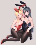  2girls animal_ears asymmetrical_docking bangs black_hair black_legwear blonde_hair blush bow bowtie breast_press breasts bunny_day bunny_ears bunny_tail bunnysuit cleavage closed_mouth detached_collar eyebrows_visible_through_hair fake_animal_ears full_body gamerag hair_between_eyes hair_ornament hairclip hand_on_hip large_breasts long_hair looking_at_viewer multiple_girls pantyhose parted_lips purple_eyes sakurajima_mai seishun_buta_yarou siblings side_ponytail sisters small_breasts smile tail toyohama_nodoka wrist_cuffs 