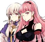  2girls breasts cleavage closed_mouth earrings fire_emblem fire_emblem:_three_houses hair_ornament hilda_valentine_goneril jewelry large_breasts long_hair long_sleeves lysithea_von_ordelia multiple_girls naho_(pi988y) one_eye_closed pink_eyes pink_hair ponytail simple_background twitter_username upper_body white_background white_hair 