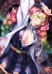  1girl acha arm_up belt blood blood_on_face bloody_clothes breasts cleavage cowboy_shot gradient_hair green_eyes green_hair haori highres japanese_clothes kanroji_mitsuri kimetsu_no_yaiba lips long_hair long_sleeves looking_at_viewer medium_breasts miniskirt mole mole_under_eye multicolored_hair parted_lips partially_unbuttoned pink_hair pleated_skirt shirt skirt solo tri_braids two-tone_hair uniform wide_sleeves 