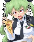  1girl anchovy anzio_school_uniform aono3 bangs black_cape black_neckwear black_ribbon cape commentary dress_shirt drill_hair emblem eyebrows_visible_through_hair food girls_und_panzer green_hair hair_ribbon highres holding holding_food long_hair long_sleeves necktie offering open_mouth pizza red_eyes ribbon school_uniform shirt solo sweatdrop twin_drills twintails white_background white_shirt 