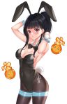  1girl adapted_costume alternate_costume animal_ears bangs bare_shoulders black_legwear black_neckwear blackheartxiii blunt_bangs blush bow bowtie breasts bunny_ears bunny_tail bunnysuit cleavage covered_navel cowboy_shot detached_collar en&#039;en_no_shouboutai eyebrows_visible_through_hair fake_animal_ears fake_tail fire glowing hands_in_hair highres large_breasts looking_at_viewer maki_oze medium_hair pantyhose parted_lips ponytail purple_eyes sideboob sidelocks simple_background solo sweat tail tareme taut_clothes white_background wrist_cuffs 