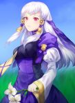  1girl closed_mouth dress fire_emblem fire_emblem:_three_houses flower hair_ornament holding holding_flower jurge long_hair long_sleeves lysithea_von_ordelia pink_eyes solo white_hair 