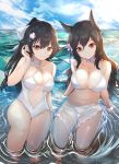  2girls animal_ears atago_(azur_lane) atago_(midsummer_march)_(azur_lane) azur_lane b_b_b_b66 bangs bikini black_hair blue_sky blush bow breasts brown_eyes casual_one-piece_swimsuit cleavage cloud criss-cross_halter day extra_ears eyebrows_visible_through_hair flower hair_bow hair_flower hair_ornament halterneck large_breasts long_hair looking_at_viewer mole mole_under_eye multiple_girls navel one-piece_swimsuit outdoors ponytail ribbon sitting sky smile swimsuit takao_(azur_lane) takao_(beach_rhapsody)_(azur_lane) very_long_hair wet white_bikini white_bow white_swimsuit 