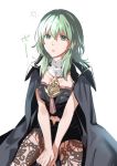  1girl black_cape byleth_(fire_emblem) byleth_(fire_emblem)_(female) cape fire_emblem fire_emblem:_three_houses green_eyes green_hair medium_hair misu_kasumi navel navel_cutout pantyhose simple_background sitting solo white_background 