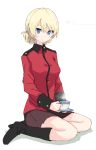 1girl bangs black_footwear black_skirt blonde_hair blue_eyes boots braid character_name closed_mouth commentary cup darjeeling epaulettes girls_und_panzer holding holding_cup holding_saucer jacket light_blush long_sleeves looking_at_viewer military military_uniform miniskirt pleated_skirt red_jacket saucer shadow shiroshi_(denpa_eshidan) short_hair simple_background sitting skirt smile solo st._gloriana&#039;s_military_uniform steam teacup tied_hair translated twin_braids uniform white_background yokozuwari 