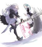  2girls alternate_costume axe blue_eyes blue_hair dagger edelgard_von_hresvelg fire_emblem fire_emblem:_three_houses fire_emblem_fates flora_(fire_emblem) from_side hair_ribbon high_heels holding holding_axe holding_dagger holding_weapon long_sleeves looking_to_the_side maid maid_headdress multiple_girls open_mouth purple_eyes ribbon robaco simple_background twintails twitter_username weapon white_background white_hair 