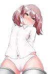  1girl arms_behind_back blush bow bow_panties brown_hair cameltoe covered_nipples cowboy_shot flat_chest from_below hair_tie head_tilt kantai_collection kirigakure_(kirigakure_tantei_jimusho) no_pants panties ryuujou_(kantai_collection) see-through shirt smile solo twintails underwear white_panties white_shirt yellow_eyes 