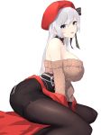  1girl aran_sweater azur_lane bangs bare_shoulders belfast_(azur_lane) belfast_(shopping_with_the_head_maid)_(azur_lane) beret black_legwear breasts brown_sweater choker eyebrows_visible_through_hair hat highres large_breasts long_hair looking_at_viewer off-shoulder_sweater off_shoulder open_mouth pantyhose purple_eyes red_headwear sideboob silver_hair sitting sutaa_dasuto-kun sweater 