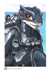  anthro blue_body blue_scales clothed clothing darbaras female fully_clothed hi_res lizard looking_at_viewer orange_eyes reptile scales scalie scuba sharp_teeth smile solo teeth wetsuit 