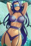  1girl arms_up ass_visible_through_thighs blush breasts breasts_apart butterfly_hair_ornament butterfly_wings cameltoe covered_eyes digimon digimon_frontier facial_mark fairymon garter_straps gloves hair_intakes hair_ornament highres lasterk legs_together long_hair medium_breasts navel purple_hair purple_legwear revealing_clothes revision solo standing teeth thigh_gap thighhighs visor wings 