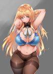  1girl absurdres atago_(kantai_collection) bangs belly blonde_hair blue_bra blush bra breasts cleavage crotch_seam detached_collar eyebrows_visible_through_hair fur_collar green_eyes highres hip_focus kantai_collection large_breasts long_hair looking_at_viewer muffin_top mushi024 navel paid_reward pantyhose patreon_reward plump pubic_hair smile solo thighband_pantyhose thighs underwear white_neckwear wide_hips 