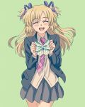  1girl blonde_hair blue_ribbon blush closed_eyes graphite_(medium) hair_ornament harasyu1 jacket liz_hohenstein long_hair muvluv muvluv_alternative open_mouth ribbon school_uniform schwarzesmarken shirt skirt traditional_media two_side_up 