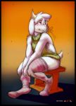  2019 anthro blush bovid butt caprine clothing digital_media_(artwork) floppy_ears fur goat hair hi_res hooves horn legwear male mammal short_tail sitting socks solo white_body white_fur white_hair white_nose yellow_eyes yourfavoritelemonade 