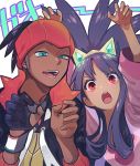  1boy 1girl arms_up black_hair blue_eyes crown dark_skin dark_skinned_male earrings gloves gym_leader iris_(pokemon) jewelry kibana_(pokemon) long_hair long_sleeves open_mouth orange_headwear pokemon pokemon_(game) pokemon_bw2 pokemon_swsh red_eyes single_glove trait_connection upper_body utusiyoturai 