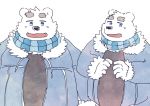  2019 anthro argent_cookie black_nose clothing fur humanoid_hands male mammal overweight overweight_male polar_bear scarf shirane_kan shirt simple_background solo topwear ursid ursine utau white_background white_body white_fur 