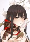  1girl akagi_(kantai_collection) alternate_costume blush bow bowtie breasts brown_eyes brown_hair dress eyebrows_visible_through_hair face_powder floral_background hair_between_eyes kantai_collection large_breasts long_hair looking_at_viewer nello_(luminous_darkness) open_mouth powder solo straight_hair 