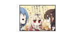  3girls =_= ahoge black_gloves black_neckwear black_sailor_collar black_serafuku blonde_hair blue_eyes blue_hair blush braid brown_hair doughnut elbow_gloves eyebrows_visible_through_hair fingerless_gloves food gloves hair_flaps hair_ornament hairclip kantai_collection long_hair multiple_girls neckerchief open_mouth red_eyes red_neckwear remodel_(kantai_collection) sailor_collar samidare_(kantai_collection) school_uniform serafuku shigure_(kantai_collection) short_sleeves single_braid sleeveless translation_request yume_no_owari yuudachi_(kantai_collection) 