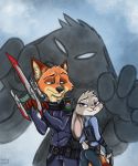  4_fingers canid canine disney duo fingers fox green_eyes gun judy_hopps lagomorph leporid mammal nick_wilde purple_eyes rabbit ranged_weapon shadow weapon wildehopps ziegelzeig zootopia 