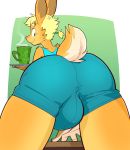  2016 anthro bent_over blonde_hair blue_eyes butt ducky_(artist) girly green_background hair hi_res lagomorph looking_at_viewer looking_back male mammal orange_body presenting presenting_hindquarters simple_background solo 