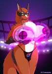  2019 5_fingers anthro areola big_breasts biped black_body black_fur black_markings black_nose breasts cheek_tuft chest_tuft claws clothing digital_drawing_(artwork) digital_media_(artwork) dynamax eyebrows facial_tuft female fingers fluffy fluffy_tail front_view fur fur_markings glowing growth hi_res holding_breast huge_breasts loincloth looking_at_breasts looking_down markings mostly_nude multicolored_body multicolored_fur navel nintendo nipples palmarianfire pok&eacute;mon pok&eacute;mon_(species) red_body red_fur signature sky solo stadium standing thievul three-quarter_view tuft video_games watermark whiskers white_body white_fur yellow_eyes 