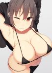  1girl armpits bikini black_bikini black_legwear breasts brown_eyes brown_hair cleavage closed_mouth commentary_request cowboy_shot eyebrows_visible_through_hair from_above grey_background large_breasts micro_bikini one_eye_closed original removing_jacket samegami short_hair swimsuit thighhighs 