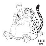  2019 anthro benjamin_clawhauser bulge cheetah clothed clothing disney felid feline female fur judy_hopps lagomorph leporid male mammal morbidly_obese obese open_mouth open_smile overweight pawpads rabbit scut_tail signature simple_background smile spots spotted_body spotted_fur t-o-m topless white_background zootopia 