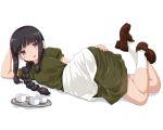  1girl alternate_costume black_hair blush braid breasts brown_footwear cup dd_(ijigendd) dress eyebrows_visible_through_hair full_body green_dress hair_ribbon kantai_collection kitakami_(kantai_collection) long_hair looking_at_viewer lying medium_breasts on_side open_mouth purple_eyes ribbon sidelocks simple_background single_braid smile socks solo tray tress_ribbon white_background white_legwear 