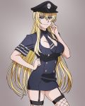  1girl blonde_hair blue_eyes blush breasts cleavage dress_shirt graphite_(medium) harasyu1 hat highres irisdina_bernhard large_breasts long_hair muvluv muvluv_alternative police_hat schwarzesmarken shirt thighhighs traditional_media 