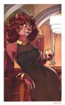  alcohol anthro beverage black_nose bracelet breasts clothing darbaras dress fangs felid female fur hair hi_res inside jewelry leaning lion looking_at_viewer mammal pantherine red_body red_eyes red_fur red_hair sabertooth_(anatomy) solo standing wine wine_glass 