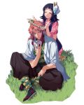  1boy 1girl absurdres black_footwear black_hair blue_eyes closed_eyes facial_scar floral_print flower_wreath fox_mask geta grass haori head_wreath highres japanese_clothes kimetsu_no_yaiba kimono kneeling looking_at_another looking_back makomo_(kimetsu) mask mask_removed orange_hair pants rope sabito_(kimetsu) sandals scar simple_background sitting smile socks spiked_hair suihan white_background 