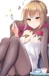  1girl absurdres ahoge artoria_pendragon_(all) bare_shoulders braid breasts brown_hair brown_legwear cleavage closed_mouth commentary_request dress fate/grand_order fate_(series) feet_out_of_frame flower food food_on_face glint gusset highres holding holding_spoon kara_(color1087) knees_up looking_at_viewer medium_breasts multicolored multicolored_eyes mysterious_heroine_x_(alter) notice_lines panties panties_under_pantyhose pantyhose purple_eyes red_flower red_rose rose sidelocks sitting solo sparkle spoon strapless strapless_dress thighband_pantyhose underwear white_background white_dress yellow_eyes 