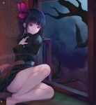  1girl bare_legs barefoot belt bird black_hair breasts butterfly_hair_ornament crow eyebrows_visible_through_hair gradient_hair hair_ornament hand_on_own_chest kimetsu_no_yaiba lips long_sleeves medium_breasts medium_hair multicolored_hair nekobell pleated_skirt purple_eyes purple_hair shirt side_ponytail skirt solo thighs tree tsuyuri_kanao two-tone_hair uniform 