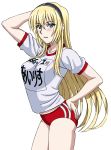  blonde_hair buruma graphite_(medium) gym_uniform hairband harasyu1 highres irisdina_bernhard long_hair muvluv muvluv_alternative schwarzesmarken traditional_media 