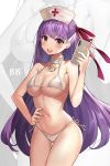  1girl bare_arms bare_shoulders bb_(fate)_(all) bb_(fate/extra_ccc) bikini breasts cellphone choker cleavage collarbone cowboy_shot eto_(nistavilo2) fate/extra fate/extra_ccc fate_(series) groin hair_ribbon half_updo halterneck hand_on_hip hand_up hat holding holding_phone large_breasts long_hair looking_at_viewer navel nurse nurse_cap phone purple_eyes purple_hair red_ribbon ribbon side-tie_bikini smartphone solo standing stomach swimsuit thigh_gap very_long_hair white_bikini zoom_layer 