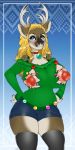  2019 antlers big_breasts blonde_hair blue_eyes blush breasts capreoline cervid choker christmas clothing female hair hi_res holidays horn jewelry mammal necklace niis ornaments reindeer sweater tight_clothing topwear ugly_christmas_sweater vanja_(character) wide_hips 