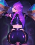  1boy 1girl ass bent_over black_gloves black_pants braid ce-_-3 clothed_sex crotch_cutout doggystyle double_bun gloves hetero highres k/da_(league_of_legends) k/da_kai&#039;sa kai&#039;sa league_of_legends long_hair looking_at_viewer pants penis pov purple_eyes purple_hair sex solo_focus uncensored vaginal 