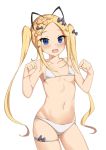  1girl :d abigail_williams_(fate/grand_order) alternate_hairstyle animal_ears ass_visible_through_thighs bangs bare_arms bare_shoulders bikini black_bow blonde_hair blush bow breasts collarbone eyebrows_visible_through_hair fake_animal_ears fang fate/grand_order fate_(series) forehead hair_bow hands_up highres long_hair mz_(ltge3238) navel open_mouth orange_bow parted_bangs polka_dot polka_dot_bow sidelocks simple_background small_breasts smile solo sweat swimsuit twintails very_long_hair white_background white_bikini 