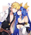  !! 1boy 1girl ahoge bangs bare_shoulders belt black_shirt blonde_hair blue_eyes blue_hair breasts cleavage collarbone detached_sleeves dizzy eyebrows_visible_through_hair guilty_gear guilty_gear_strive hair_ribbon heart highres husband_and_wife jacket ky_kiske large_breasts long_hair o-ring red_eyes ribbon rirene_rn shirt short_hair white_jacket yellow_ribbon 