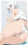  1girl ass back blue_eyes blue_hair blush closed_mouth cross eyebrows_visible_through_hair gradient gradient_hair grey_background koko_shiguma looking_at_viewer looking_back multicolored_hair original short_hair solo two-tone_background w white_background white_hair 