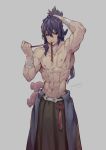  1boy arm_up armpits bandages blush collarbone dragalia_lost grey_background hair_between_eyes highres ieyasu_(dragalia_lost) jokerpang long_hair makeup male_focus muscle navel parted_lips purple_hair shirtless signature simple_background slit_pupils solo tying_hair yellow_eyes 