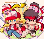  2boys baseball_cap black_hair blonde_hair chibi copy_ability cosplay denim dougi fatal_fury fingerless_gloves gloves hair_down hat highres jeans kirby kirby_(series) long_hair looking_at_viewer male_focus motunabe707070 multiple_boys pants ponytail ryuu_(street_fighter) star street_fighter super_smash_bros. terry_bogard terry_bogard_(cosplay) the_king_of_fighters vest 