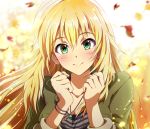  1girl autumn_leaves bangs blonde_hair blurry blurry_background blush breasts cleavage clenched_hands closed_mouth collarbone commentary_request day depth_of_field eyebrows_visible_through_hair falling_leaves glint green_eyes green_jacket highres hina_(araburu-hinadori) hoshii_miki idolmaster idolmaster_(classic) jacket jewelry leaf light_particles long_hair long_sleeves looking_at_viewer medium_breasts motion_blur necklace open_clothes open_jacket outdoors pendant shirt smile solo striped striped_shirt tareme upper_body wristband 
