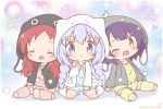  3girls ^_^ animal_ears animal_hood blue_camisole braid bunny_ears bunny_hood character_hood chibi chimame-tai closed_eyes commentary_request drawstring eyebrows_visible_through_hair fake_animal_ears fang flower_(symbol) girl_sandwich gochuumon_wa_usagi_desu_ka? grey_jacket hair_ornament hood hood_up jacket jouga_maya kafuu_chino kneehighs light_blue_hair long_hair long_sleeves loungewear mitarashi_neko_(aamr7853) multicolored multicolored_background multiple_girls natsu_megumi no_shoes one_eye_closed open_clothes open_jacket pink_camisole pink_legwear pink_shorts polka_dot polka_dot_background pom_pom_(clothes) red_hair sandwiched seiza shorts sidelocks sitting smile toeless_legwear twin_braids twitter_username white_jacket x_hair_ornament yellow_camisole yellow_legwear yellow_shorts 