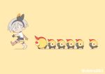  1girl barefoot dark_skin falinks gen_8_pokemon gloves grey_eyes grey_hair hairband highres pokemon pokemon_(game) pokemon_swsh saitou_(pokemon) single_glove smile tanaka_ahiru twitter_username yellow_background 