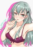  1girl :p absurdres aqua_eyes aqua_hair bare_shoulders blush bra breasts cleavage dated eyebrows_visible_through_hair finger_to_mouth hair_ornament hairclip highres kantai_collection large_breasts long_hair looking_at_viewer purple_bra sakami_senka self_shot solo suzuya_(kantai_collection) tongue tongue_out twitter_username underwear underwear_only upper_body 