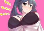  1girl bangs black_bra blue_hair blush bra breasts cleavage close-up closed_mouth commentary_request eyebrows_visible_through_hair green_eyes hair_over_breasts isuzu_(kantai_collection) kantai_collection large_breasts long_hair looking_at_viewer open_clothes pink_background simple_background solo sweatdrop takahashi_meishin twintails underwear 