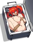  1girl anger_vein blue_eyes blush breasts gag huge_breasts improvised_gag in_container last_origin looking_at_viewer luggage may_the_destruction nude red_hair restrained ribeiku simple_background solo sweat tape tape_gag twintails white_background 