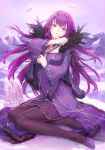  1girl absurdres bangs bibimbub breasts cleavage crystal dress fate/grand_order fate_(series) feather_trim fur-trimmed_dress fur_trim hair_between_eyes headpiece high_heels highres holding holding_wand long_hair looking_at_viewer mountainous_horizon outdoors pantyhose purple_dress purple_hair red_eyes scathach_(fate)_(all) scathach_skadi_(fate/grand_order) smile snow tiara wand 